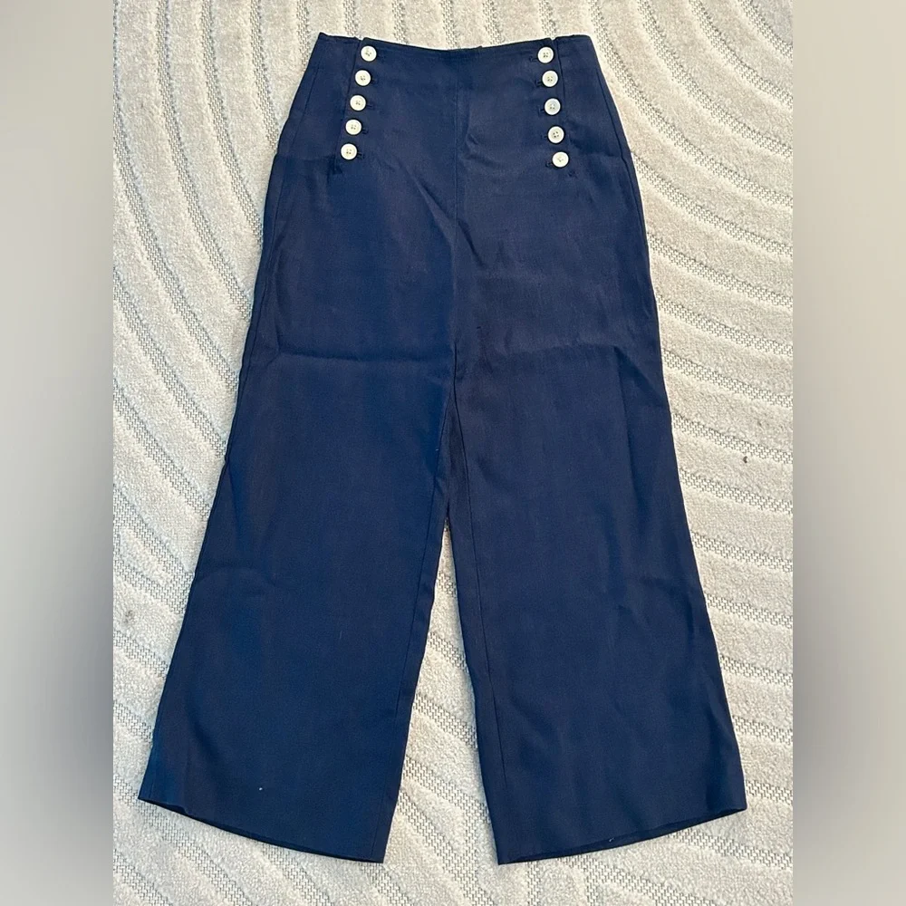 J. Crew 100% Linen Sailor Wide Leg Cropped Pants in Navy - Size 4